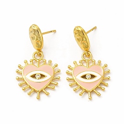 Розовый Серьга-гвоздик из латуни с кубическим цирконием, эмалированное сердце с подвеской в виде глаза для женщин, реальный 18 k позолоченный, без свинца и без кадмия, туманная роза, 33 мм, штифты : 1 мм