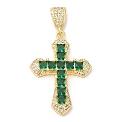 Green Rack Plating Brass Pendants, Glass with Cubic Zirconia, Lead Free & Cadmium Free, Long-Lasting Real 18K Gold Plated, Cross, Green, 32.5x23x5mm, Hole: 4x2.5mm