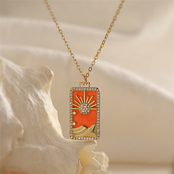 Солнце Подвеска-медальон из латуни с микропаве и прозрачными кубическими циркониями., с оранжево-красной эмалью, золотые, солнце, 17.72 дюйм (45 см)