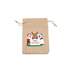 Deer Rectangle Christmas Themed Burlap Drawstring Gift Bags, Gift Pouches for Christmas Party Supplies, BurlyWood, Deer, 14x10cm