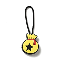 Yellow Christmas PVC Plastic Pendant Decorations, with Nylon Cord and Plastic Findings, Money Bag with Star, Yellow, 61mm