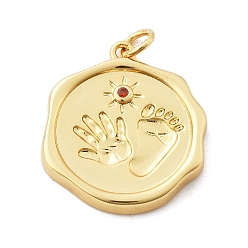 Красный Стойка металлическая латунная микропрофилированная кубическая циркония подвески, круглая с отпечатками ладоней и ног, с целью перехода в кольце, без свинца и без кадмия, долговечный, реальный 18 k позолоченный, красные, 22.5x20x3.5 мм, отверстие : 3 мм
