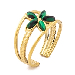 Малахит Цветок 304 открытые манжетные кольца из нержавеющей стали с ионным покрытием (IP), синтетические кольца с малахитом для женщин, 12 мм, регулируемый