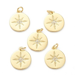 Real 18K Gold Plated Brass Micro Pave Clear Cubic Zirconia Pendants, Long-Lasting Plated, Flat Round with Star, Real 18K Gold Plated, 16x14x1mm, Hole: 3mm