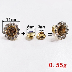 Orange Alloy Flower Cap Rivets Studs, with Rhinestone, for Clothes Bag Shoes Leather Craft, Orange, 11x8.5mm
