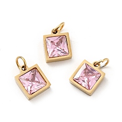 Pearl Pink Vacuum Plating 304 Stainless Steel Pendants, with Cubic Zirconia and Jump Rings, Single Stone Charms, Square, Golden, Pearl Pink, 9.5x8x3.5mm, Hole: 3.4mm