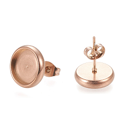 Rose Gold Ion Plating(IP) 304 Stainless Steel Stud Earring Settings, with Ear Nuts, Flat Round, Rose Gold, 12.5mm, Pin: 0.8mm, Tray: 10mm