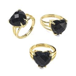 Синий Драгоценный Камень Латунные манжеты с открытыми кольцами, с синтетическим голубым Голдстоун, сердце, граненые, стойки покрытие, долговечный, золотые, размер США 8 1/2 (18.5 мм)