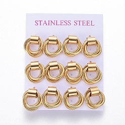Golden 304 Stainless Steel Stud Earrings, Hypoallergenic Earrings, with Ear Nuts, Golden, 16.5x16mm, Pin: 0.8mm, 6pairs/card
