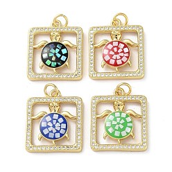 Mixed Color Brass Micro Pave Clear Cubic Zirconia Pendants, with Enamel, Shell and Jump Ring, Real 18K Gold Plated, Square with Tortoise, Mixed Color, 21x18x3mm, Hole: 3.6mm