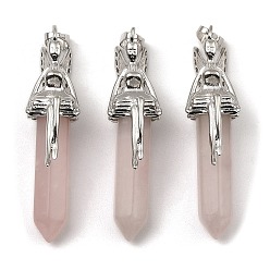 Rose Quartz Natural Rose Quartz Pointed Pendants, Faceted Bullet Charms, with Rack Plating Platinum Plated Brass Fairy, 24x13mm, Hole: 5x8mm