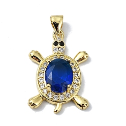 Синий Покрытие стойки настоящее 18k позолоченное латунное микро-паве подвески из кубического циркония, со стеклом, долговечный, без свинца и без кадмия, черепаха, синие, 24x16.5x5.5 мм, отверстие : 3x3.5 мм
