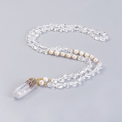 Quartz Crystal Natural Quartz Crystal Pendant Necklaces, with Pearl and Brass Findings, Bullet, 31.5 inch~32.3 inch(80~82cm), Pendant: 45~55x15x10mm