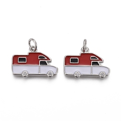 Real Platinum Plated Brass Micro Pave Clear Cubic Zirconia Pendants, with Enamel and Jump Rings, Long-Lasting Plated, Camping Van/Caravan Shape, Real Platinum Plated, 12x17x2.5mm, Hole: 3mm