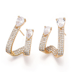 Golden Twist Brass Micro Pave Cubic Zirconia Stud Earrings, Long-Lasting Plated, Golden, 24x15.5mm
