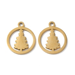Golden Ion Plating(IP) 304 Stainless Steel Charms, Laser Cut, Round Ring with Christmas Tree Charms, Golden, 14.5x12x1mm, Hole: 1.6mm