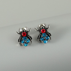 Diamond-studded red-headed blue-bellied silver spider earrings. Halloween Spider Earrings with Colorful Rhinestones - Vintage Spider Ear Studs, Christmas Jewelry.