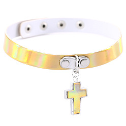golden color Minimalist Cross Necklace with Glowing Laser Leather Collar for Fashionable Look