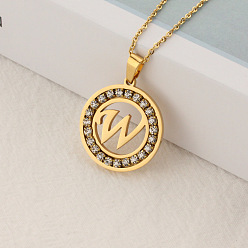 Letter W Crystal Rhinestone Initial Letter Pendant Necklace with Cable Chains, Stainless Steel Jewelry for Women, Golden, Letter.W, 15.75 inch(40cm)