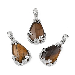 Тигровый глаз Природных тигровый глаз подвески, с латунной фурнитурой , капля, платина, 31x19x8 мм, отверстие : 4.5x8 мм