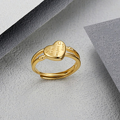 Golden Heart Titanium Steel Adjustable Ring, Love Inspire Feath Word Finger Ring, Golden, Inner Diameter: 17mm