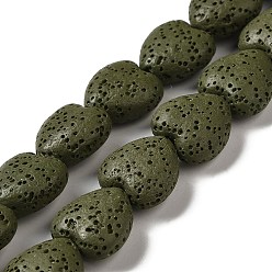 Dark Olive Green Natural Lava Rock Beads Strands, Dyed, Heart, Dark Olive Green, 14x13~13.5x7mm, Hole: 1.2mm, about 30pcs/strand, 16.14''(41~14.5cm)
