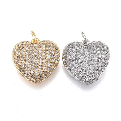 Mixed Color Brass Micro Pave Clear Cubic Zirconia Pendants, Long-Lasting Plated, with Jump Rings, Heart, Mixed Color, 15x15x7mm, Jump Rings: 5x1mm, Inner Diameter: 3mm