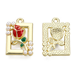 Red Rack Plating Alloy Enamel Pendants, with ABS Imitation Pearls Beads, Cadmium Free & Lead Free, Rectangle with Rose, Golden, Red, 18.5x12.5x4mm, Hole: 1.2mm