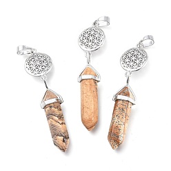Picture Jasper Natural Picture Jasper Pointed Big Pendants, with Platinum Plated Brass Findings, Faceted, Bullet & Flower of Life, 59~67x14~15mm, Hole: 7x5mm