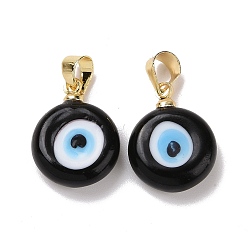 Black Handmade Lampwork Evil Eye Pendants, with Real 18K Gold Plated Brass Findings, Cadmium Free & Lead Free, Black, 15x12x5mm, Hole: 4.5x3.5mm