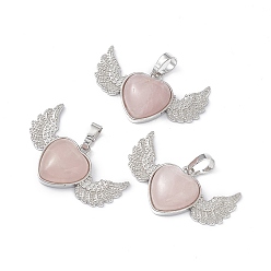 Rose Quartz Natural Rose Quartz Pendants, Heart Charms with Wing, with Platinum Tone Brass Findings, 22x37.5x7mm, Hole: 7.5x5mm
