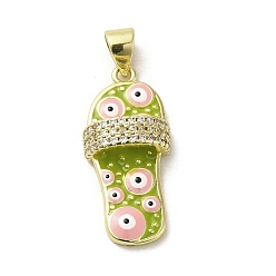 Yellow Green Brass Micro Pave Cubic Zirconia Pendants, with Enamel, Real 18K Gold Plated, Slipper
 with Evil Eye, Yellow Green, 23x10.5x5mm, Hole: 3.5x5.5mm