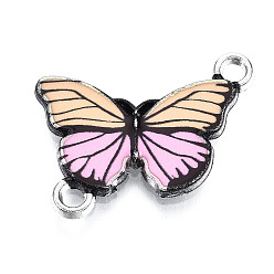 Pink Printed Alloy Enamel Links Connectors, Butterfly Shape, Platinum, Pink, 14.5x20.5x2mm, Hole: 1.8mm