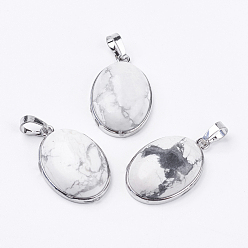 Howlite Natural Howlite Pendants, with Brass Findings, Oval, Platinum, Cadmium Free & Lead Free, 31x20x7.5mm, Hole: 5x8mm