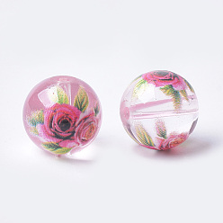 Pink Printed & Spray Painted Transparent Glass Beads, Round with Flower Pattern, Pink, 10~10.5x9.5mm, Hole: 1.6mm