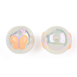 Sandy Brown UV Plating Rainbow Iridescent Acrylic Beads, Hand Drawn Beads, with Enamel, Round with Butterfly, Sandy Brown, 17x16x15.5mm, Hole: 2.8mm