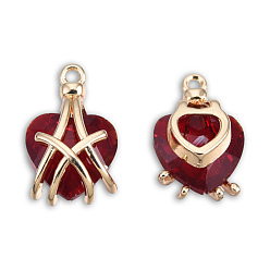 Dark Red Transparent K9 Glass Pendants, with Light Gold Plated Brass Findings, Cadmium Free & Lead Free, Faceted, Heart, Dark Red, 16x10x8mm, Hole: 1.2mm