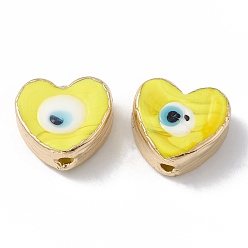 Yellow Brass Beads, with Enamel, Real 18K Gold Plated, Heart with Evil Eye, Yellow, 14.5x16x7mm, Hole: 1.6mm