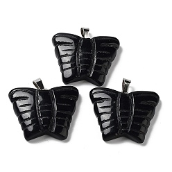 Obsidian Natural Obsidian Carved Pendants, Butterfly Charms with Platinum Plated Brass Snap on Bails, 30x35.5x7mm, Hole: 7x4.5mm