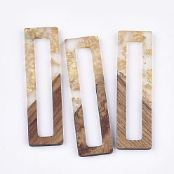 Gold Resin & Walnut Wood Big Pendants, with Gold Foil, Rectangle, Gold, 60.5~61x17x3mm, Hole: 1.6mm