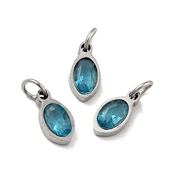Dark Turquoise 304 Stainless Steel Pendants, with Cubic Zirconia and Jump Rings, Single Stone Charms, Oval, Stainless Steel Color, Dark Turquoise, 10x5x3mm, Hole: 3.4mm