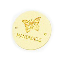 Champagne Yellow Microfiber Leather Label Tags, Handmade Embossed Tag, with Holes, for DIY Jeans, Bags, Shoes, Hat Accessories, Flat Round with Butterfly, Champagne Yellow, 25mm