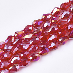 Red Electroplate Glass Beads Strands, AB Color Plated, Faceted, Teardrop, Red, 7.5~8x6mm, Hole: 1mm, about 66~68pcs/strand, 22.6 inch