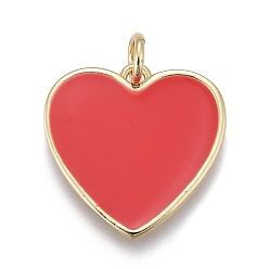 Red Brass Enamel Pendants, with Jump Rings, Long-Lasting Plated, Real 18K Gold Plated, Heart, Red, 17x17x2mm, Jump Rings: 5x1mm, Inner Diameter: 3mm