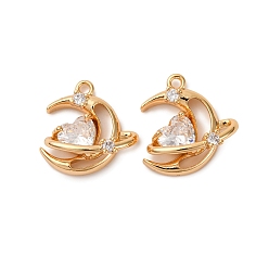 Настоящее золото 18K Латунные микро проложить кубического циркония подвески, без кадмия, без никеля и без свинца, Луна и сердце, реальный 18 k позолоченный, 16x15.5x6.5 мм, отверстие : 1.4 мм