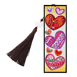 Heart DIY Diamond Painting Kits For Bookmark Making, including Tassel, Resin Rhinestones, Diamond Sticky Pen, Tray Plate and Glue Clay, Rectangle, Heart Pattern, 200x55mm