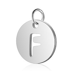 Letter F 304 Stainless Steel Charms, Flat Round with Letter, Stainless Steel Color, Letter.F, 12x1mm, Hole: 2.5mm