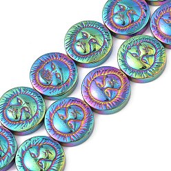 (966) Внутренний цвет Кристалл / Лиловато-лиловый на подкладке Гальванические нити из синтетических немагнитных гематитовых бусин, плоский круг с вырезанной головой животного, с покрытием цвета радуги, 12x4 мм, отверстие : 0.8 мм, около 33 шт / нитка, 15.59~15.75'' (39.6~40 см)