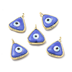 Royal Blue Handmade Lampwork Pendants, with Eco-friendly Light Gold Brass Findings, Long-Lasting Plated, Cadmium Free & Lead Free, Triangle with Evil Eye Charm, Royal Blue, 16x13.5x4~4.5mm, Hole: 2mm