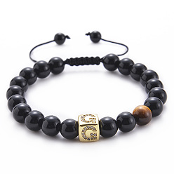 G Square Gemstone Letter Bracelet with Natural Agate and Tiger Eye Beads - A to Z Alphabet Design